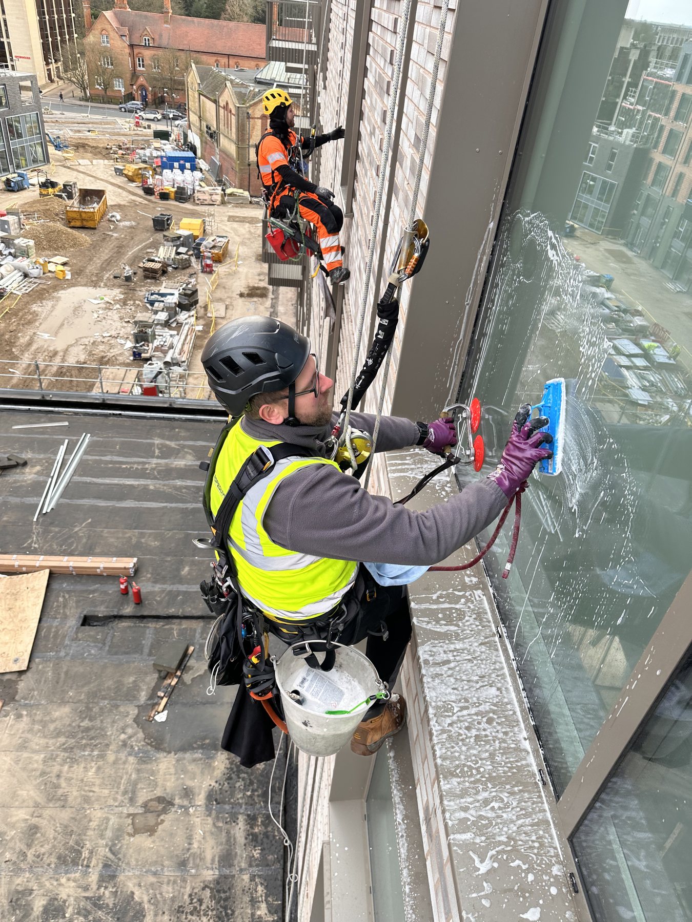 Post construction window cleaning work on high-rise glazing in Peterborough