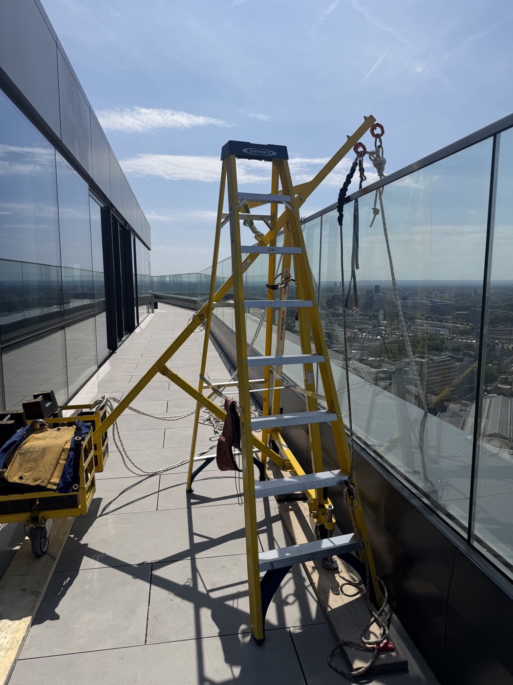 A-frame rope access setup on the roof terrace at Thirty High in Victoria London